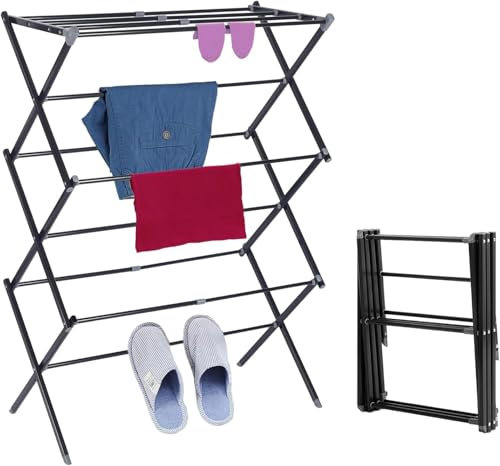 AONAT Stendibiancheria,Stendibiancheria Pieghevole a 6 Livelli con 11 Aste,Torre Lavanderia Pieghevole ed Allungabile,Ideale per Piccoli Spazi Interni ed Esterni,Nero