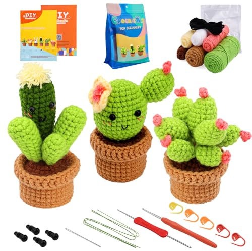 Yixinly Häkelset Anfänger, 3 Stück Kaktus Häkelset für Anfänger Komplett Stricken für Anfänger Set Crochet Set für Kinder Erwachsene DIY Häkel Set mit Anleitung, Kaktus Stricken für Anfänger(Stile 1)