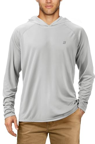 Roadbox Men's Sun Protection Swim Hoodie Long Sleeve, Quick Dry Fishing Shirts Lightweight, UV Breathable Running Tops Grey