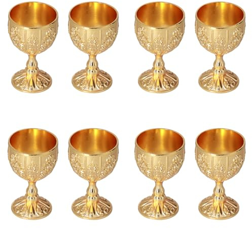 TOPINCN Mini Gold Goblet 8Pcs Vintage Metal Shot Glasses Tiny Embossed Wine Cup Tiny Gold Chalice Goblet Embossed Wine Liqueur Cup Shot Glass for Home