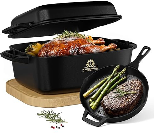 KAISERTAL® 32 cm Bräter mit Deckel & eingebrannte 30 cm Gusspfanne – Gusseisen-Küchenset für Induktion, Backofen, Gas & Outdoor – Bräter oval 10 L + Gusseisenpfanne