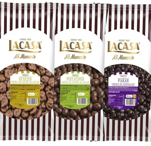 Lacasa Pack 3kg de bolas: Pasas de Corinto con chocolate Negro,Nuez con chocolate con Leche,Pistachos con chocolate Leche