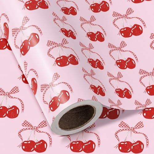 RUSPEPA Rollo De Papel De Regalo Con Lazo De Cereza - Mini Rollo - 43,2 Cm X 5 M - Papel De Regalo Con Lazo De Cereza Coqueto, Perfecto Para Cumpleaños De Niñas, San Valentín Y Despedidas De Soltera.