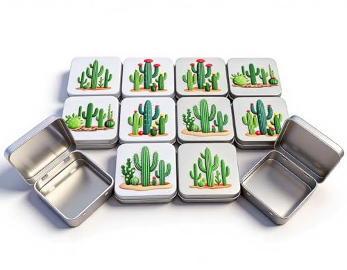 Goodma 12 contenitori quadrati vuoti in metallo per la casa, mini scatole organizer con motivo immagine di cactus su coperchio incernierato, 7 x 7 x 2 cm (multi)