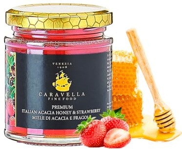 Caravella Fine Food Miel d'Acacia au Fraise 250 gr | Arôme fruité doux Soyeux Léger Juteux | Idéal pour Croissants Crêpes Desserts Granola Petit-déjeuner Gâteaux Fromages Thés Cocktails