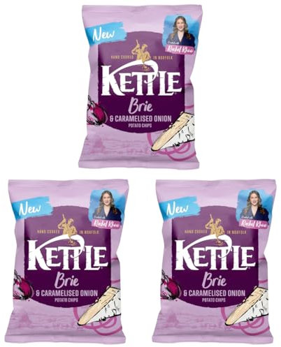 Brie & Caramelised Onion Potato Chips 130g, Pack of 3, British Potatoes, Hand Cooked, Gluten-Free, Suitable for Vegetarians