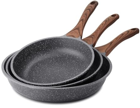 SENSARTE Lot de 3 Poêles à Frire, Revêtement Granit Antiadhésif, Compatible Induction, Manche Froid, Lavable Lave-Vaisselle - 20, 24, 28 cm