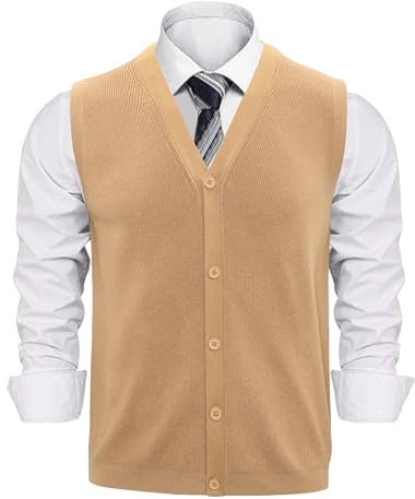 Sykooria Gilet Uomo V Scollo Maglione Senza Maniche con Chiusura a Bottoni, Maglia Casual Classica, Cardigan Slim Fit per Autunno Inverno, Cachi M