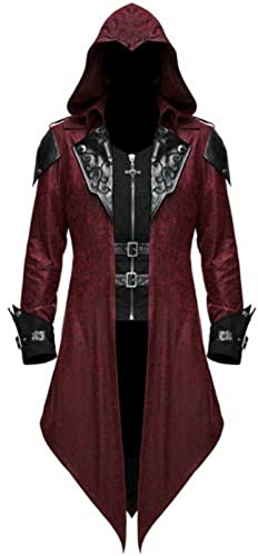 Veste steampunk médiévale pour homme avec capuche - Manteau gothique - Manteau de frack médiéval - Costume d'Halloween - Vêtement de renaissance médiévale - Vintage - Veste de smoking, O rouge., XL