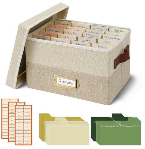 Vienrose Caja Organizadora de Tarjetas de Felicitación de Lino con 20 Separadores Extraíbles 84 Etiquetas Autoadhesivas Almacenamiento Plegable Ideal para Fotos, Sobres, Pegatinas y Postales (Beige)