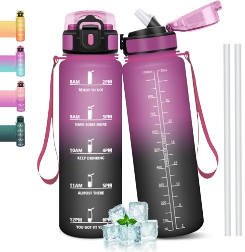 Mulbijeo Gourde 1l, Étanches, Gourde Paille, sans BPA & Réutilisable, Bouteille, Motivation Bouteille d'eau, Avec Marqueur de Temps, Gourde Sport pour Gym, Ecole, Cyclisme, Plein air, Sport