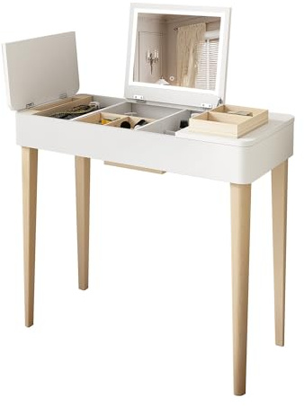 Zenithz Tocador con espejo abatible, 2 puertas y patas de madera maciza, color blanco, 83,6 x 40 x 75 cm, versátil como escritorio