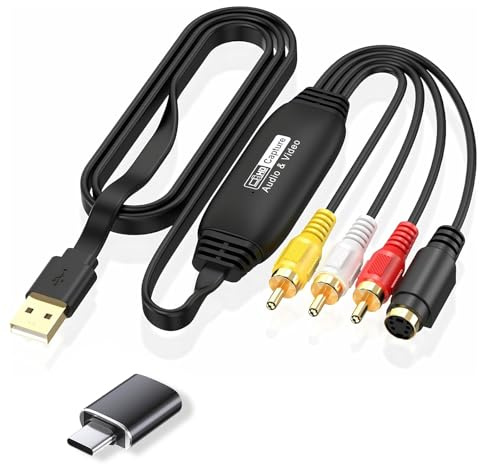 VHS to Digital Converter with USB-C Adapter, USB 2.0 Video Capture Card with RCA & S-Video Input, Transfer VCR Mini DV Camcorder Tapes to DVD PC, Supports Windows 11 10 PAL NTSC 1080P, 1M Cable