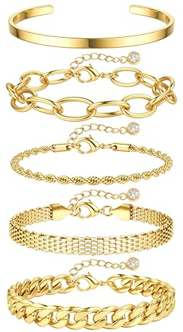 Morfetto Non Tarnish 5Pcs Bracelets Set for Women - 14K Gold Plated Stackable Adjustable Chunky Paperclip Rope Chain Cuff Bangle Beaded Bracelet Dainty Golden Jewellery Gifts