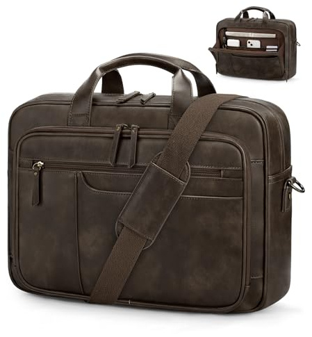 RAINSMORE Aktentasche Herren Vintage PU Leder 16 Zoll Laptoptasche | Arbeitstasche, Wasserdicht Ledertasche, Messenger Bag, Effiziente Organisation, Vielseitig für Büro, Uni, Geschäftsreisen