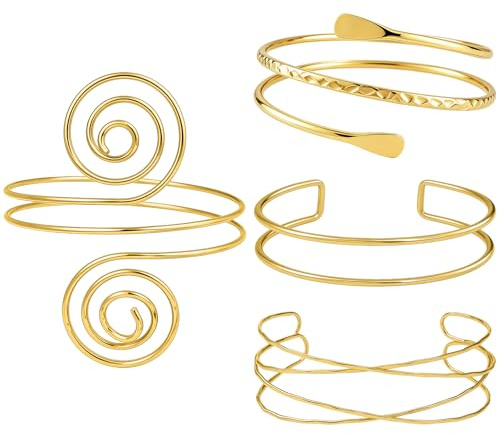 RmKbe Set di 4 braccialetti da braccio minimalisti, dorati, regolabili, a spirale, set di gioielli per la parte superiore del braccio, per feste, festival, regali