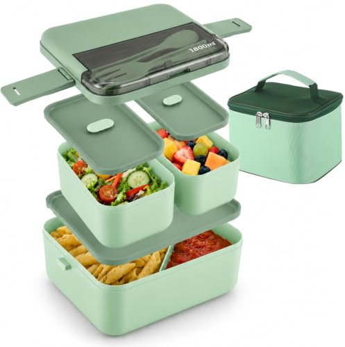 61 oz Bento Box with Compartments, 6.7 x 6.3 x 4.9 in Adult Lunch Boxes with Thermal Bag and Cutlery, 2 Layer Stackable Lunch Box for Office Meal Prep, Microwave Safe Food Container, Light Green