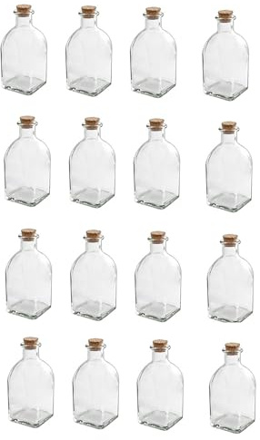 mille idee Set 24 Bottiglie in Vetro 250 ml Quadrate con Tappo in Sughero – Bottigliette per Liquori, Oli, Aceti, Bomboniere – Riutilizzabili ed Eleganti
