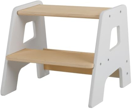 Relaxdays Tritthocker für Kinder, 2 Stufen, 50 kg, A-Form, weiß/natur | rutschfest, HBT: 33 x 40 x 35 cm, Kindertreppe