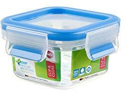 Emsa Clip & Close Conservador Hermético de Plástico Cuadrado, higiénico, no retiene olores ni sabores, certificación Baby care, Transparente y Azul