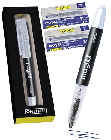 Online magiXX radierbarer Tintenroller Schwarz mit Tintenpatronen I Rollerball mit 0,7mm Strichstärke I inkl. 7x Patrone blau I radierbarer Stift