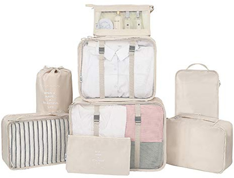 Belsmi Reise Kleidertaschen Set 8-teilig Reisetasche in Koffer Reisegepäck Organizer Kompression Taschen Kofferorganizer Mit Schuhbeutel (Stil A - Beige)
