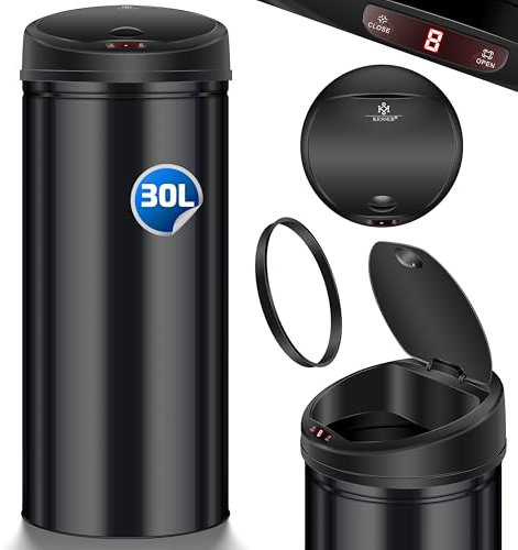 Sensor Mülleimer ✓ Automatik ✓ Abfalleimer ✓ Abfall | EDELSTAHL | Sensor gesteuert | Touch- Screen | Automatischer Deckel | Inklusive Müllbeutel | Mülleimer für Küche und mehr | Rabenschwarz | 30 L