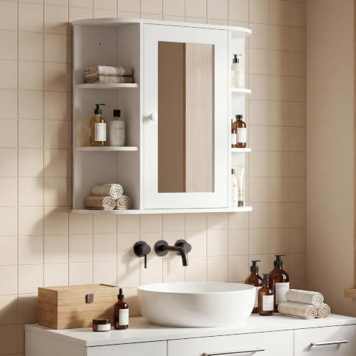HOMCOM Spiegelschrank Bad mit Spiegeltür Hängeschrank Weiß 66 x 17 x 63 cm | Badezimmerschrank, Badschrank mit Offenen Regalböden, Wandschrank