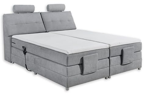 Stella Trading Palermo 2 Boxspringbett 180x200 elektrisch verstellbar, Hellgrau-Bequemes Doppelbett mit dekorativer Steppung & Komfortschaum Topper, Holzwerkstoff, 180 x 200 cm