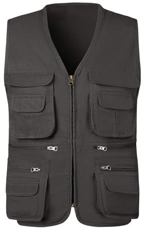 KTWOLEN Herren Outdoor Weste Baumwolle Anglerweste Freizeit Jagd Trekking Wander Angler Camping Safari Weste Ärmellos Jacke mit vielen praktischen Taschen, Holzkohle, XL