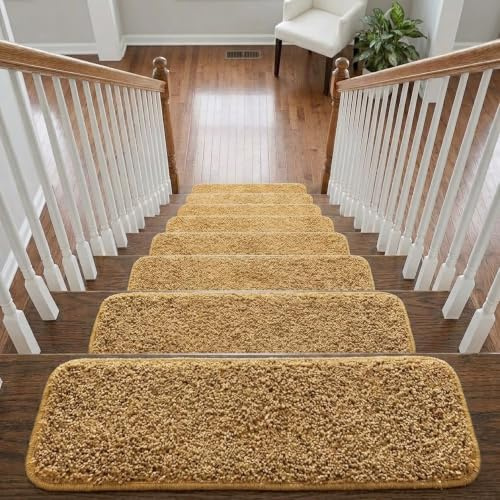 Soft Shaggy Stair Treads Non Slip Machine Washable Carpet Mats 22x67cm 30mm Thick Plush Stair Rugs for Wooden Stairs Indoor Anti Slip Step Mats Safe for Kids Pets and 100% Increased Yarn (Mustard, 13)