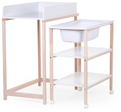 Chilldhomme, Wickeltisch mit Badewanne, Räder erleichtern das Verschieben, Wechseleinheit, robust, optimale Sicherheit, ultra-praktisch, kompakt, natürliches Buchenholz