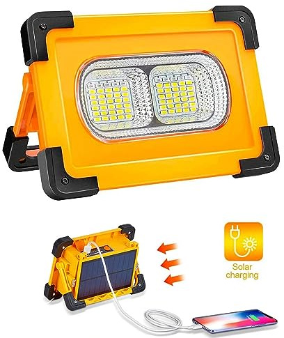 M Ledme - Projecteur LED solaire PowerBank portable avec batterie, 4500 lumen, Rechargeable, Lampe de travail, Rechargeable USBo solaire, Camping, Garage, Pêche, LM6335, 6000k