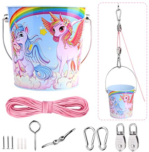 FUQUN Flaschenzug Kinder, Riemenscheibe mit Eimerkabel, Kids Playhouse Accessories, Pulleys for Kids, Pirate Ship Accessories Outdoor, Playhouse Game Accessories (Unicorn)