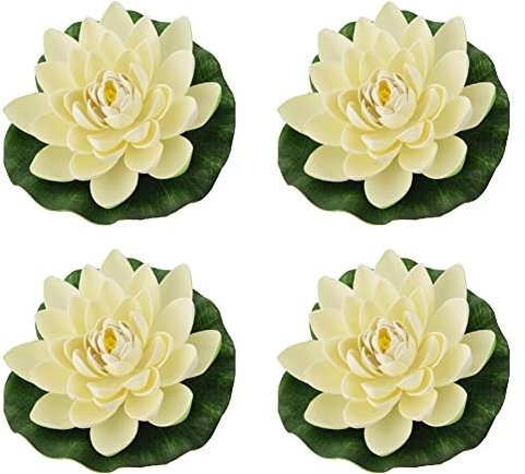 HugeDE 6Pcs Artificial Floating Foam Lotus Flowers White Plastic Pond Flowers with Water Lily Pad Ornaments Perfect for Home Party Garden Aquarium Decoration