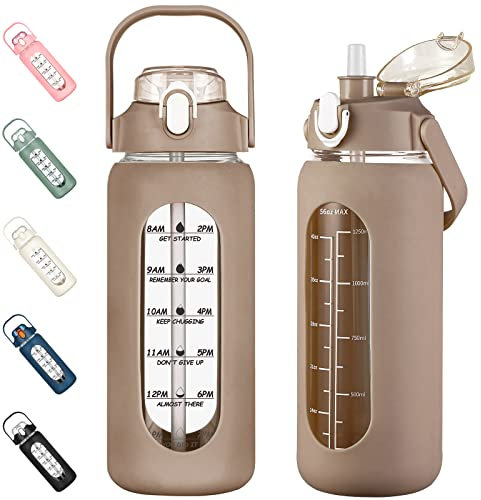 kytffu Botellas de agua de vidrio de 56 onzas con popote, botella de vidrio motivacional con funda de silicona y marcador de tiempo, jarra de agua grande a prueba de fugas para gimnasio, oficina en