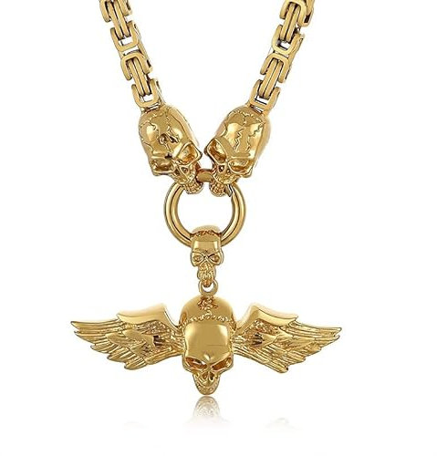 qsebhnj Mens Kreuz SchäDel AnhäNger Skelett Halskette Gothic Punk Schmuck Personalisierte Skelett Kopf Rapper Halsketten Vintage Dragon Wrap Halskette,Gold