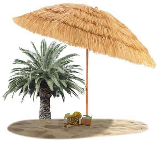 RELAX4LIFE Parasol Plage Hawaïen Inclinable Φ2M, Parasol Paille Tropicale avec 8 Baleines Mât en Fer Bouton d'Ouverture, Parasol Exotique Paille Portable pour Balcon Appartement-Plage-Patio,Naturel