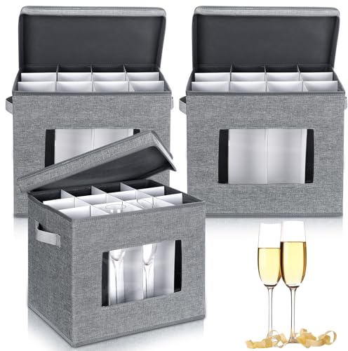 Norme 3 Pack Wine Glasses Storage Box with Dividers, 12 Compartments Stemware Storage Cases Champagne Flute Box with Lid Handle Window China Container Organizer for Moving(Champagne Flute Size,Gray)
