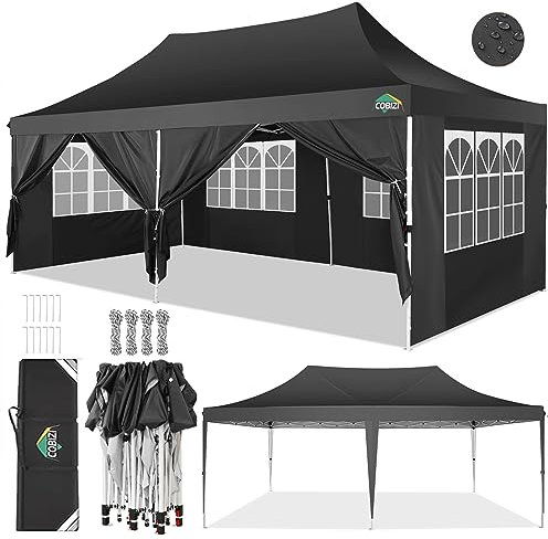 COBIZI Gazebo da Giardino 3x6 padiglione impermeabile stabile resistente all'inverno, tenda da giardino pieghevole per esterni con 6 parti laterali per feste in giardino, Nero