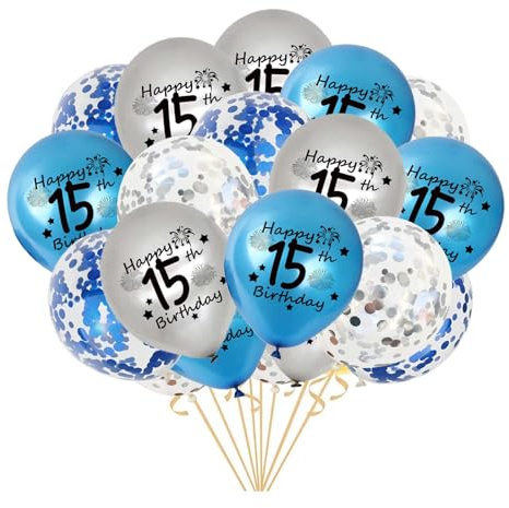 15.Geburtstag Luftballons, 20 Stück Blau Silber Happy 15. Geburtstag Latex Konfetti Ballon Bänder zum Jungen 15 Jahre Geburtstag Deko Jungen(15.)