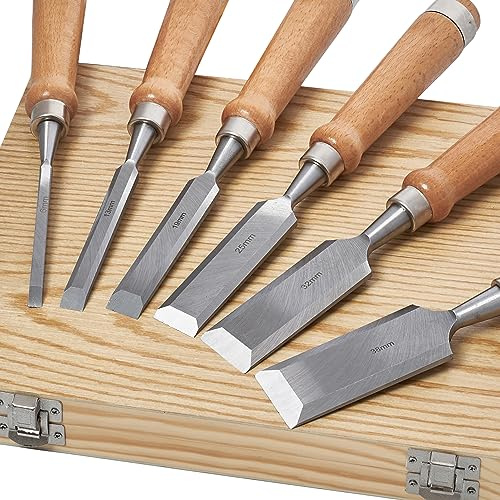 Velamnia Wood Chisel Set, 6 Piece Chisel Set in Wooden Box Carving Set, Sharp Chisel Set (6, 13, 19, 25, 32, 38mm) for Beginners and Professionals - Wood Chisel Set