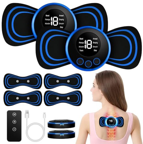 Flintronic Mini Massaggiatore Cervicale, Massaggiatore Portatile, Mini Massaggiatori per Collo, 8 Modalità 19 Livelli Massaggiatori EMS, Massaggio Elettrico Portatile, 4 Cuscinetti per Massaggio