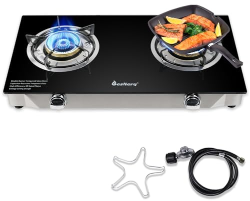 BesNerg 2 Burner Propane Gas Stove, 29,000 BTU High-Efficiency Auto Ignition Heavy-Duty Tempered Glass Cooktop, Includes CSA Regulator & Hose, for Outdoor Camping & Emergencies