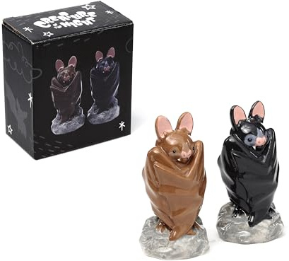Ensemble salière et poivrière chauve-souris en céramique – Lot de 2 – Accessoires de table originaux – Décoration Halloween, cuisine ou cadeau – Design gothique et amusant – Faciles à nettoyer