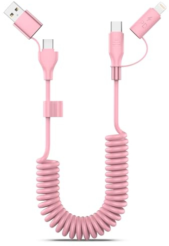 Pink Coiled Car Charging Cable 2-in-1 (USB-C & Lightning), 3FT Cute Car Accessories for iPhone 17/16/15, Samsung Galaxy — Supports Apple CarPlay & Android Auto