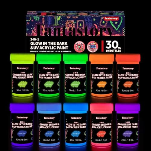 Fantastory Leuchtfarben Nachtleuchtend Farbe 10x30ml,wasserfeste Neon Glow in Dark Farbe,Schwarzlicht,für Steine,Leinwände,Masken,Acrylic Paint Set(Fluoreszierende Serie)