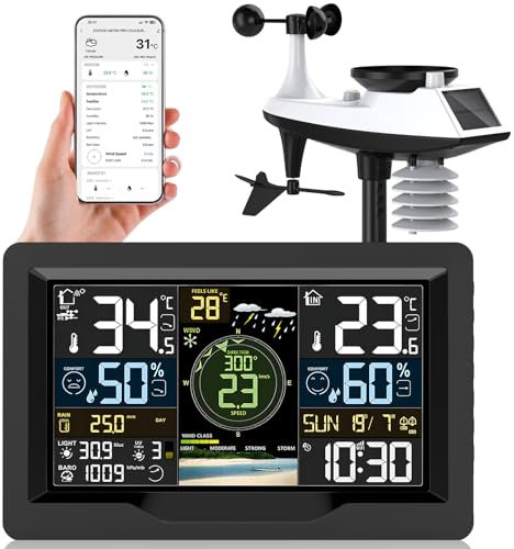 jely Stazione meteo WLAN con app Wifi Stazione meteo radio con sensore esterno, termometro, igrometro per esterni, stazione meteo radio con anometro, pluviometro temperatura, umidità, pressione