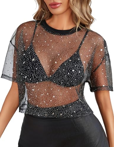 Avidlove Sheer Crop Top for Women Short Sleeve Mesh See Through T-Shirt O Neck Bikini Pullover (Glitter Black, XX-Large)