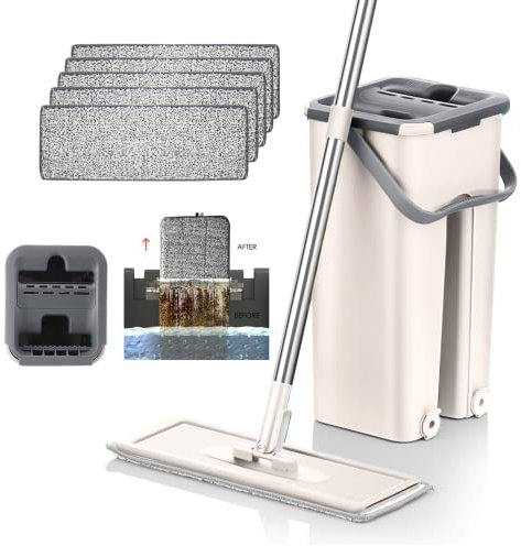 Mopa para Limpiar Azulejos Paredes Suelos Mopa Fregona con Cubo Escurridor Fregona Plana Cubo con 6 Almohadillas Autoescurrible Parquet Madera Ventanas Mop Bucket Trapeadora Gamuza